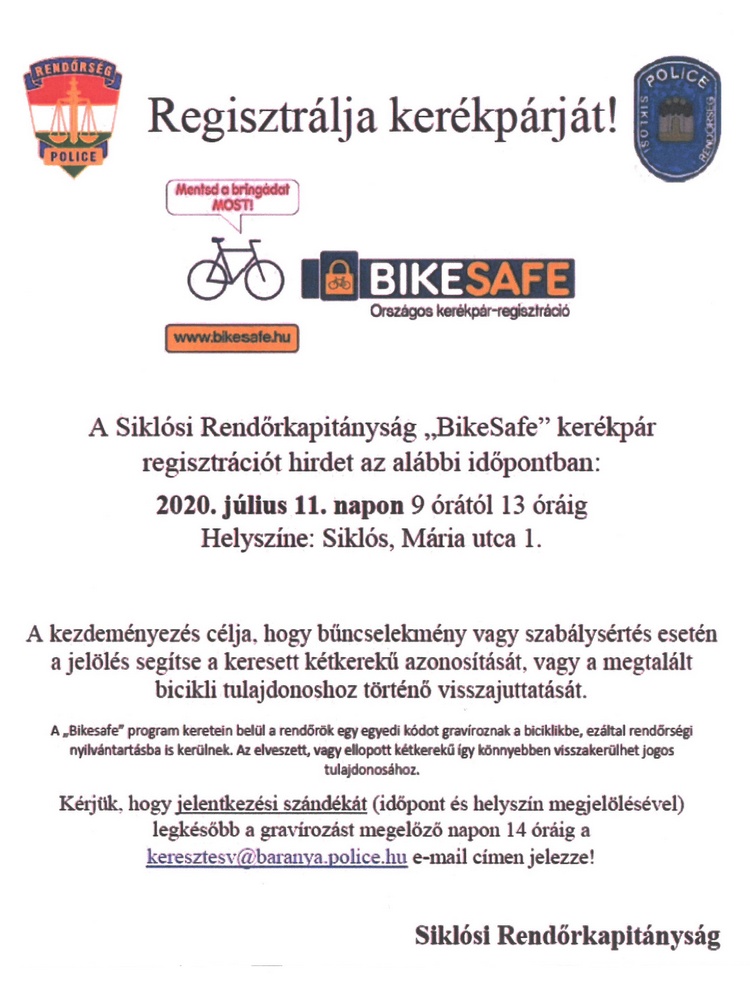 Ingyenes kerékpár regisztráció Siklóson