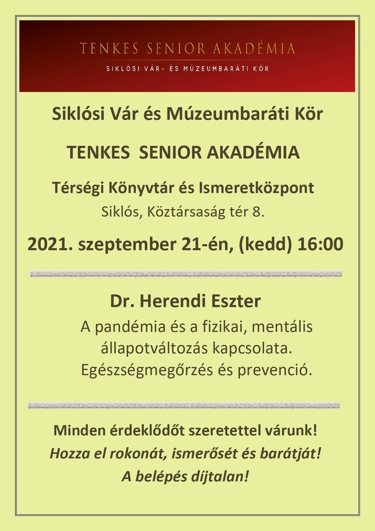 Tenkes Senior Akadémia - A pandémia és a fizikai, mentális állapotváltozás kapcsolata