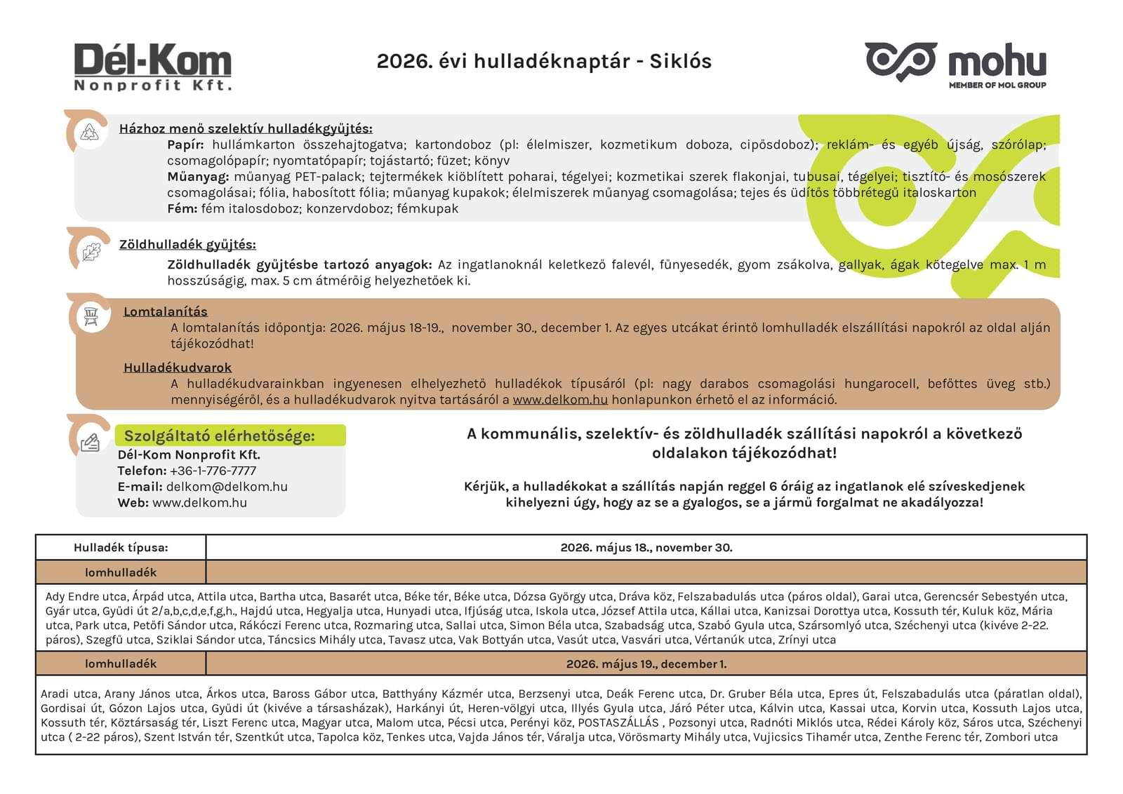 Hulladékszállítás időpontjai Siklóson Hulladékszállítás időpontjai Siklóson